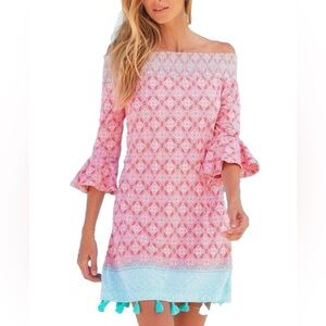 Cabana Life Off Shoulder Smocked Dress Tassels Coral PinkSize XL Beach Summer